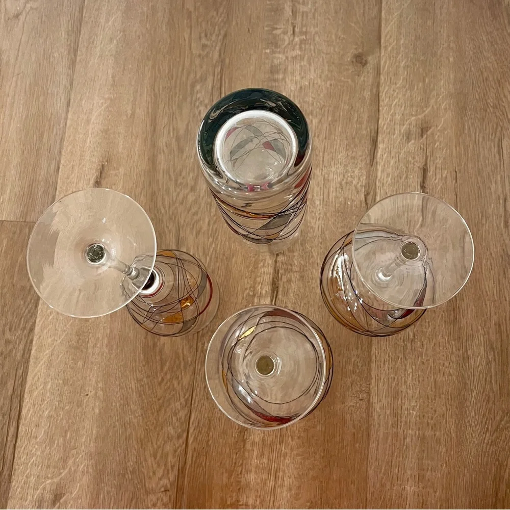 Set Of 4 Romanian Mosaic Stained Glass Crystal, 3‎ PCs Wine Glasses, 1 Decanter